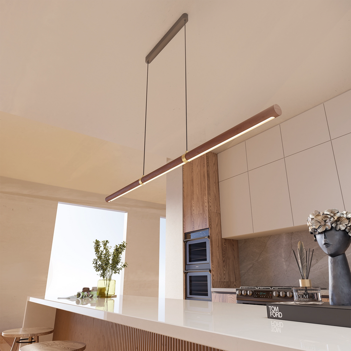 Calibo Aquila 2000mm Timber Tubular LED Linear Pendant with Brass Finish Collar Pendant