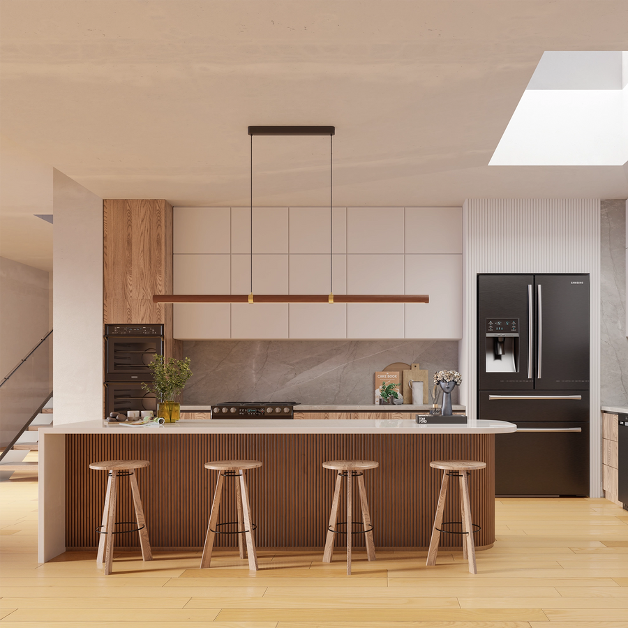 Calibo Aquila 2000mm Timber Tubular LED Linear Pendant with Brass Finish Collar Pendant