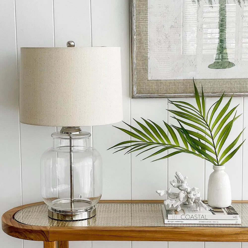 Regency Nickel and Glass Table Lamp with Natural Linen Shade TABLE LAMP