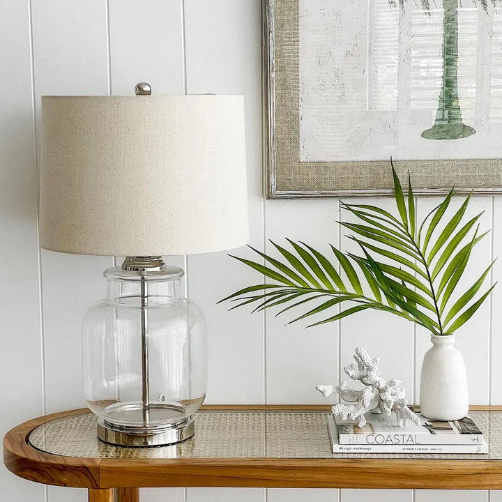 Regency Nickel and Glass Table Lamp with Natural Linen Shade TABLE LAMP