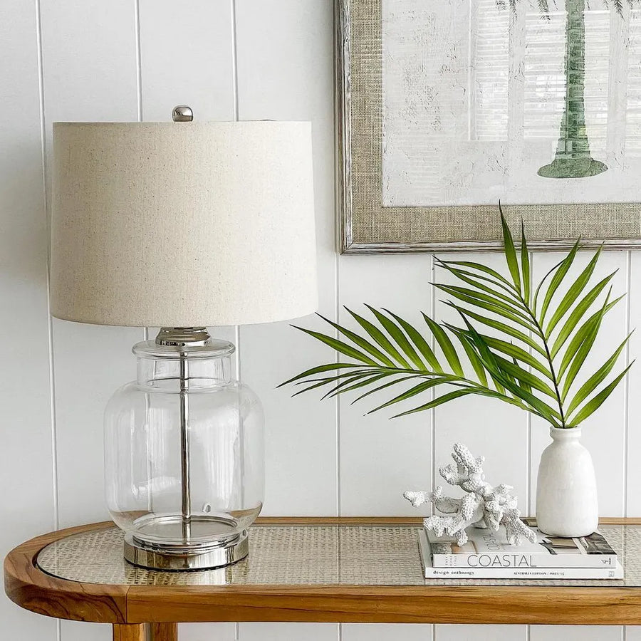 Regency Nickel and Glass Table Lamp with Natural Linen Shade TABLE LAMP