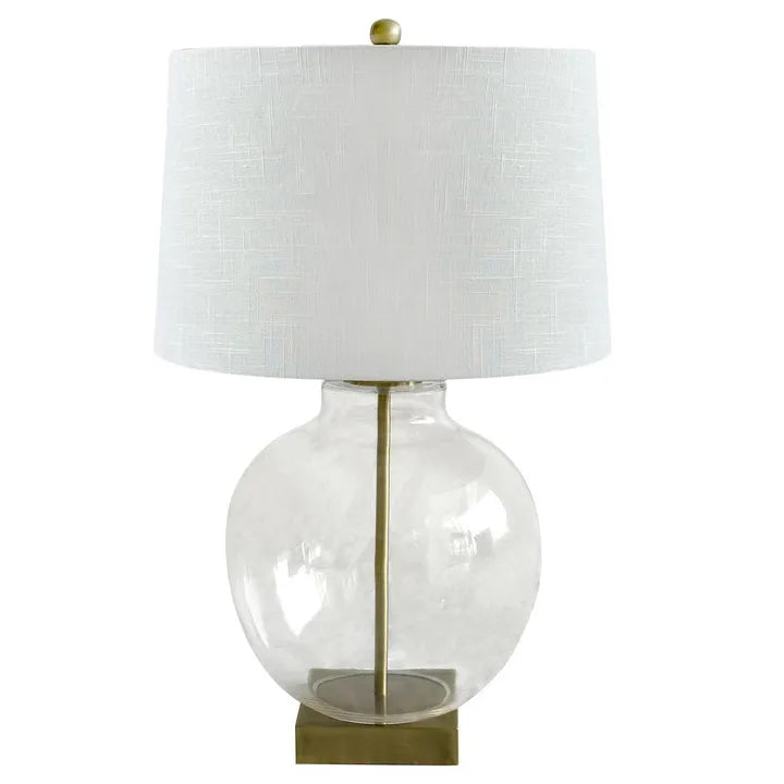 Ellyn Glass and Brass Lamp with White Linen Shade Brass TABLE LAMP