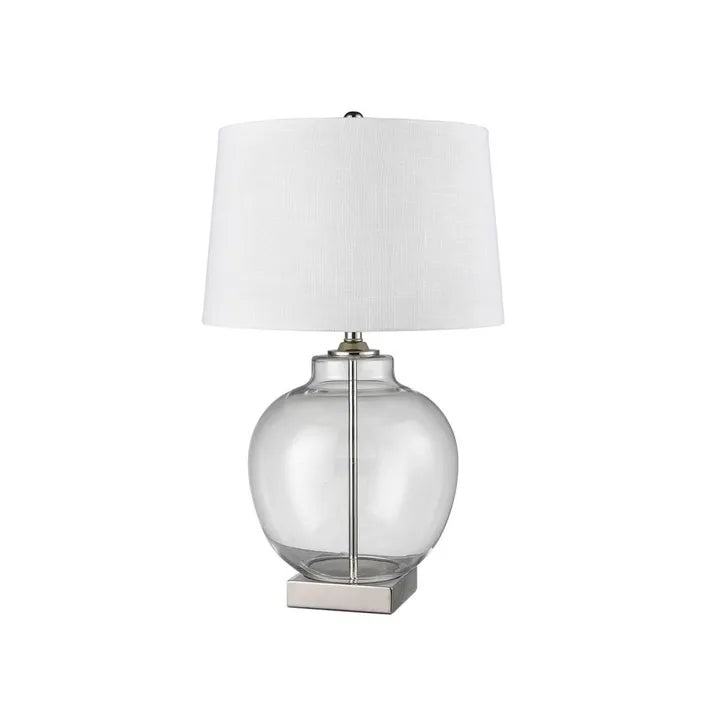 Ellyn Glass and Brass Lamp with White Linen Shade Nickel TABLE LAMP