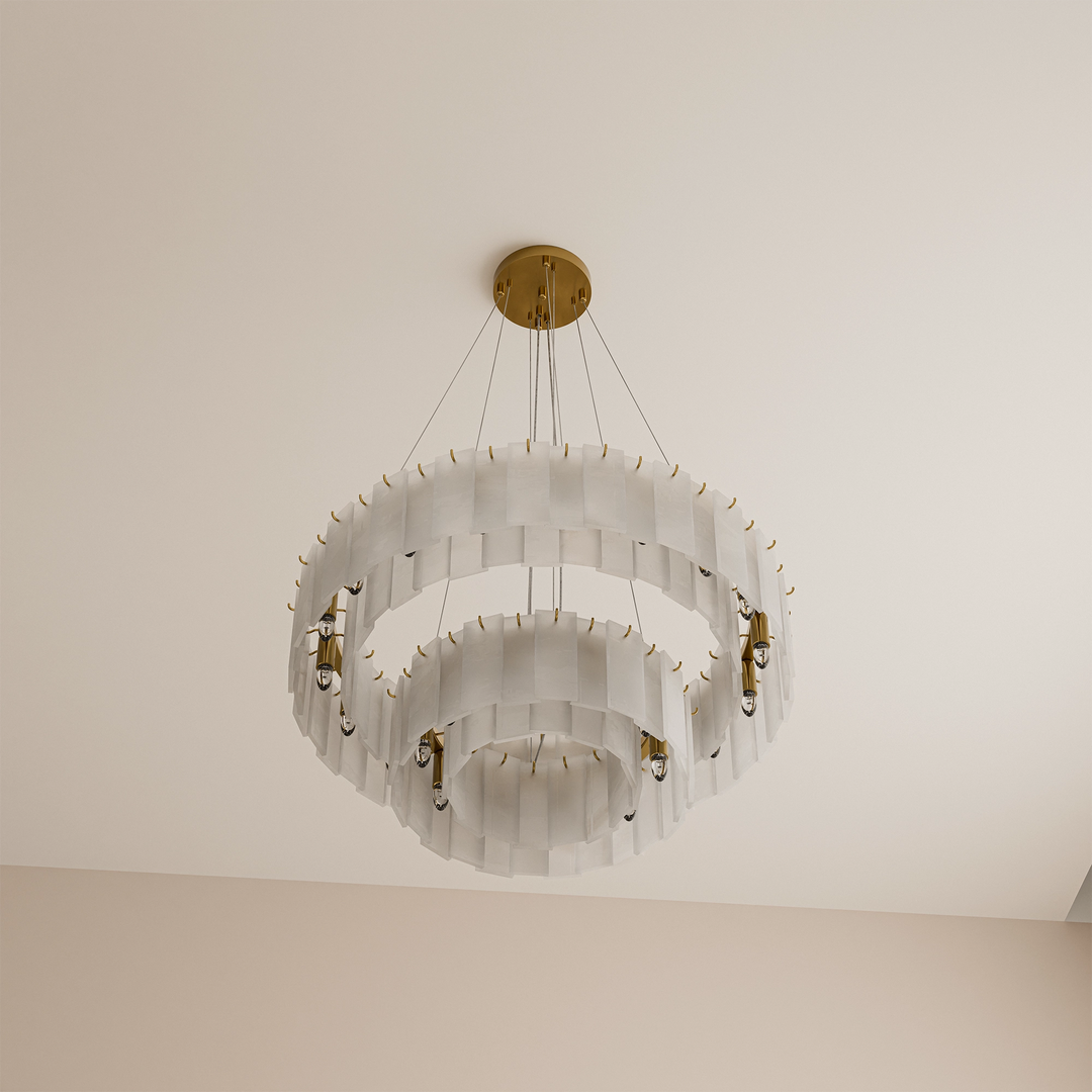 Calibo Mirage 28 Light Tiered Alabaster Stone Round Pendant Pendant