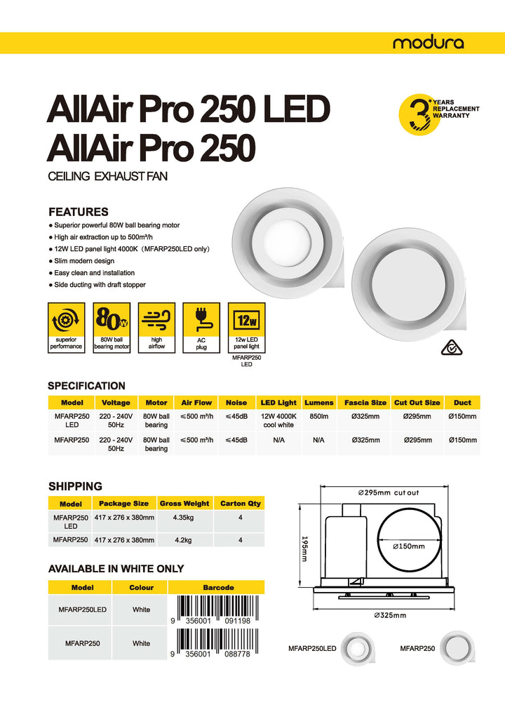 AllAir Pro 250 LED & AllAir Pro 250 Celling Exhaust Fan