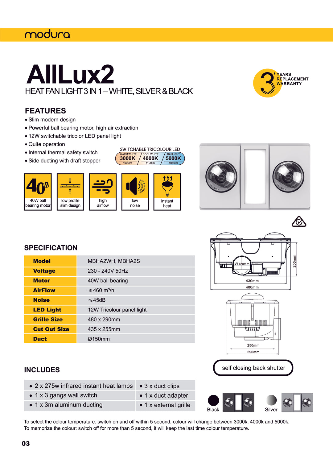 AllLux2 Heat Fan Light 3 In 1- White, Silver & Black