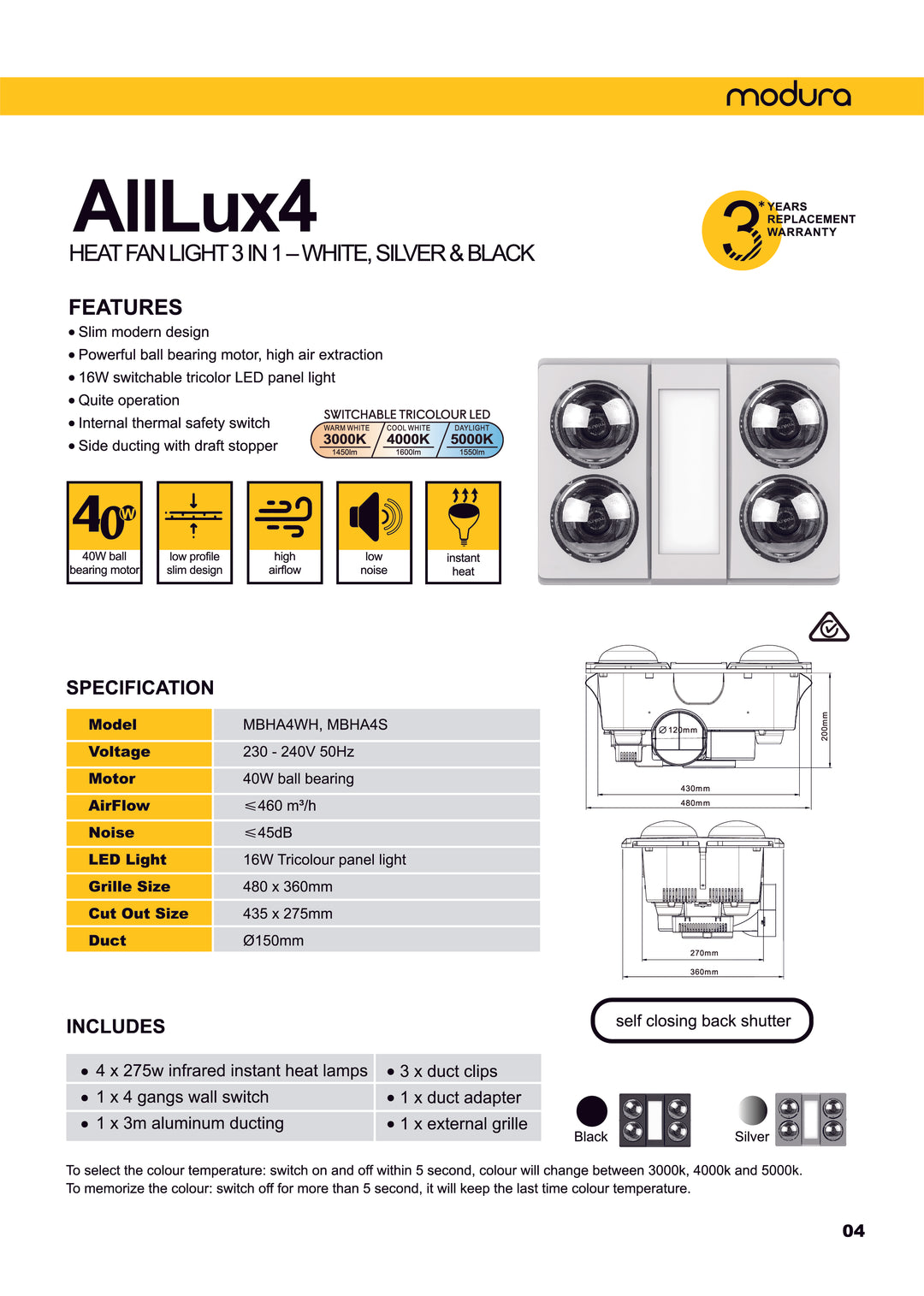 ALLLux4 Heat Fan Light 3 In 1 -White, Silver &Black