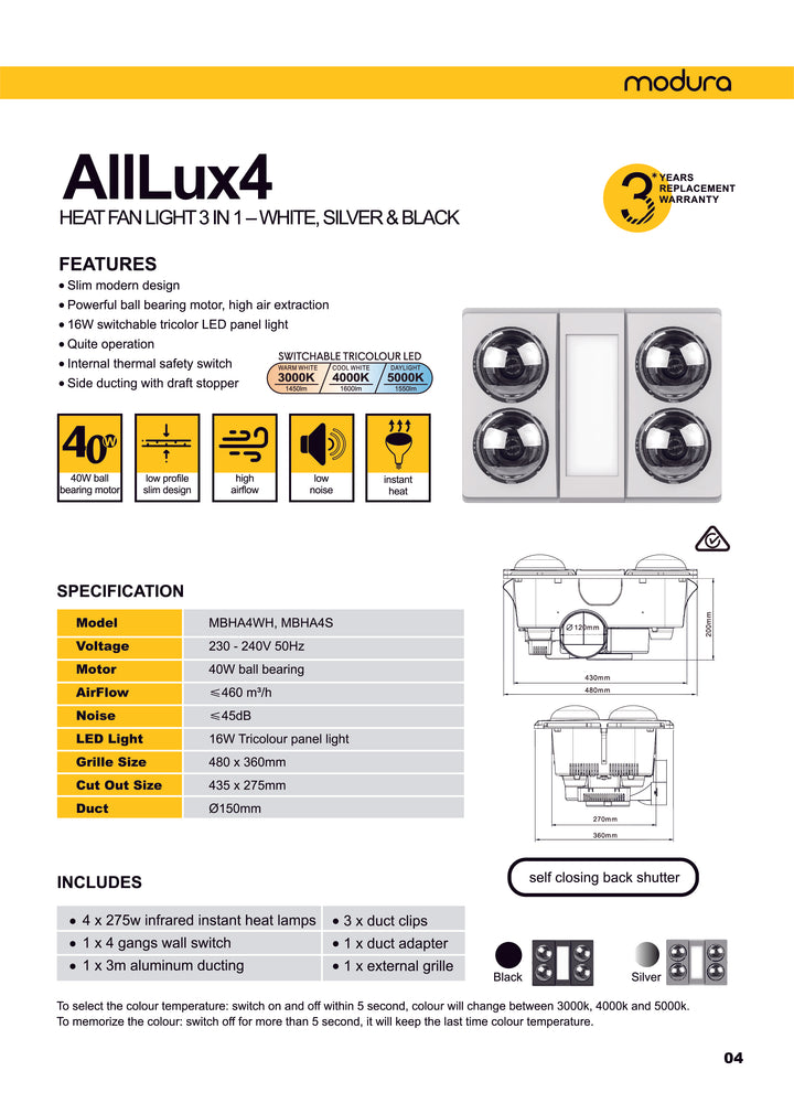 ALLLux4 Heat Fan Light 3 In 1 -White, Silver &Black