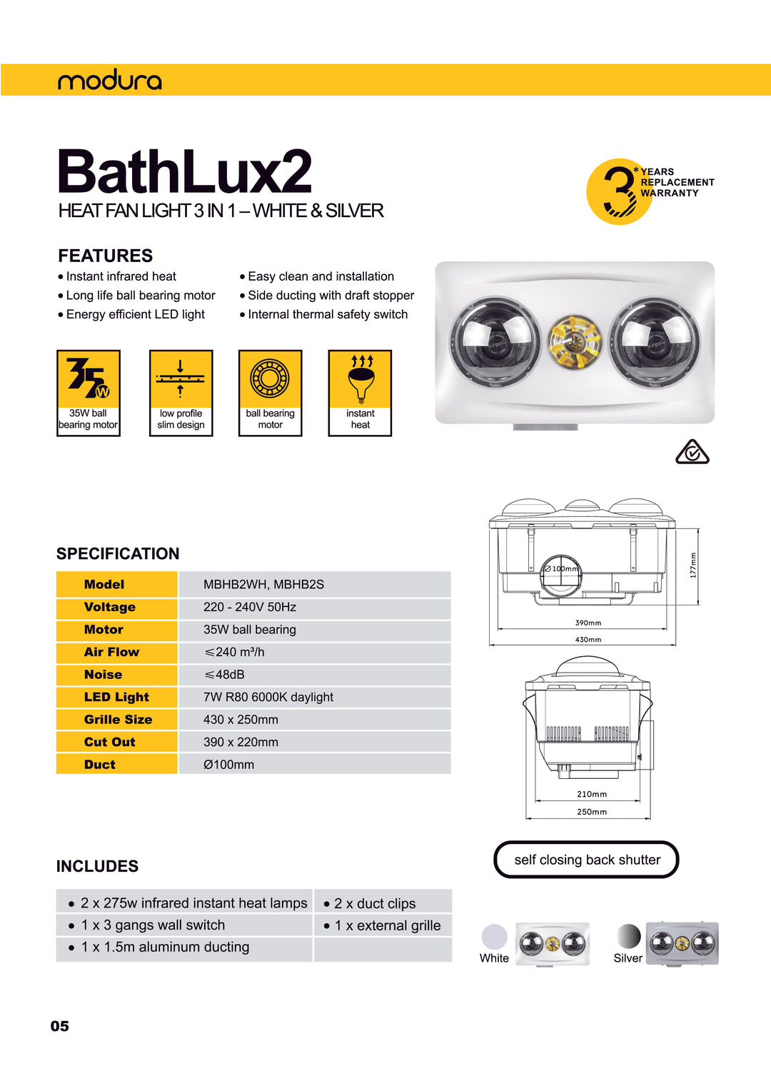 BathLux2 Heat Fan Light 3 in 1-White & Silver