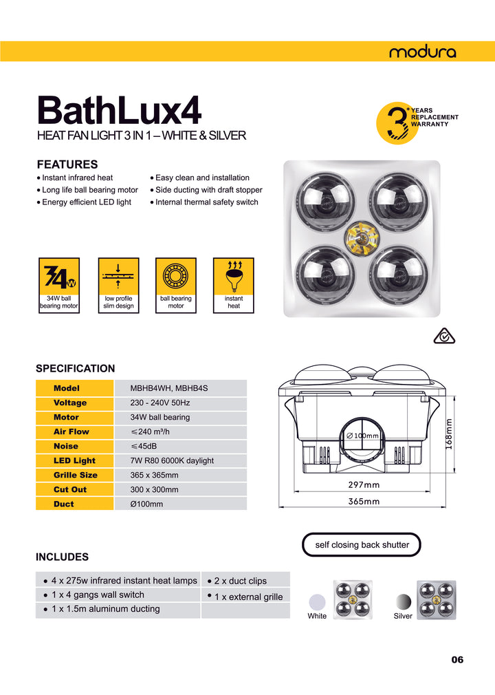 BathLux4 Heat Fan Light 3 In 1 -White & Silver