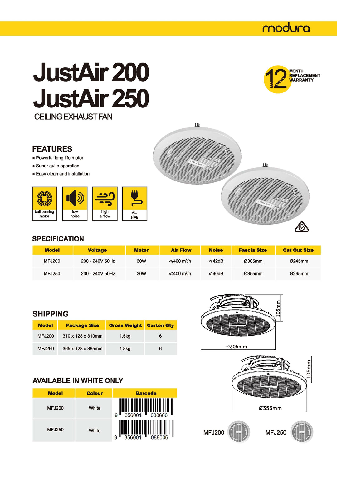 Modura JustAir 200&250 Celling exhuast Fan