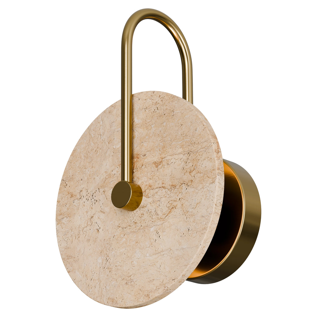 Calibo Orville Travertine 200mm Round Disc LED Wall Light with Brass Handle - Brass WALL LIGHT