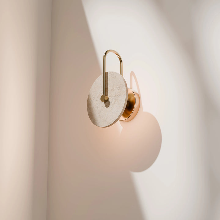 Calibo Orville Travertine 200mm Round Disc LED Wall Light with Brass Handle - Brass WALL LIGHT